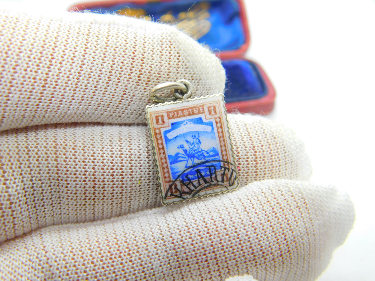 Edwardian .800 Silver & Enamel Sudanese Postage Stamp Souvenir Charm c1910