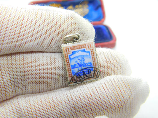 Edwardian .800 Silver & Enamel Sudanese Postage Stamp Souvenir Charm c1910