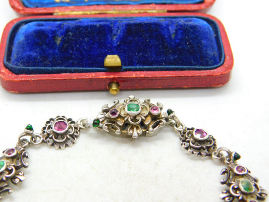 Austro Hungarian Emerald and Amethyst Paste Sterling Silver Bracelet Antique c1860