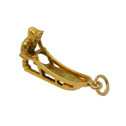 10ct Yellow Gold Eskimo Inuit with Dog Sled Charm Pendant Vintage c1970