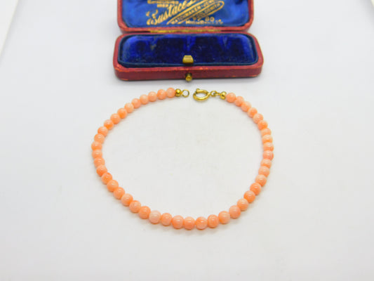 9ct Yellow Gold Clasp & Beaded Pink Coral Bracelet Antique c1930 Art Deco