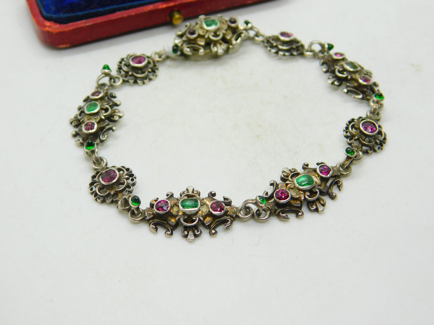 Austro Hungarian Emerald and Amethyst Paste Sterling Silver Bracelet Antique c1860