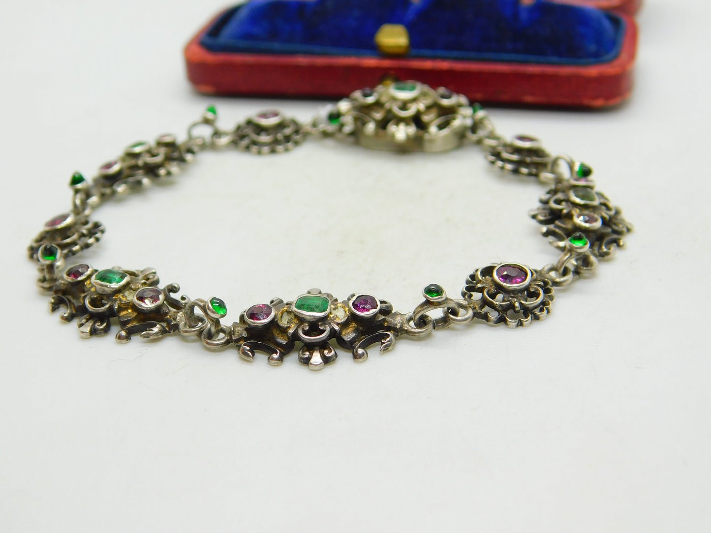 Austro Hungarian Emerald and Amethyst Paste Sterling Silver Bracelet Antique c1860