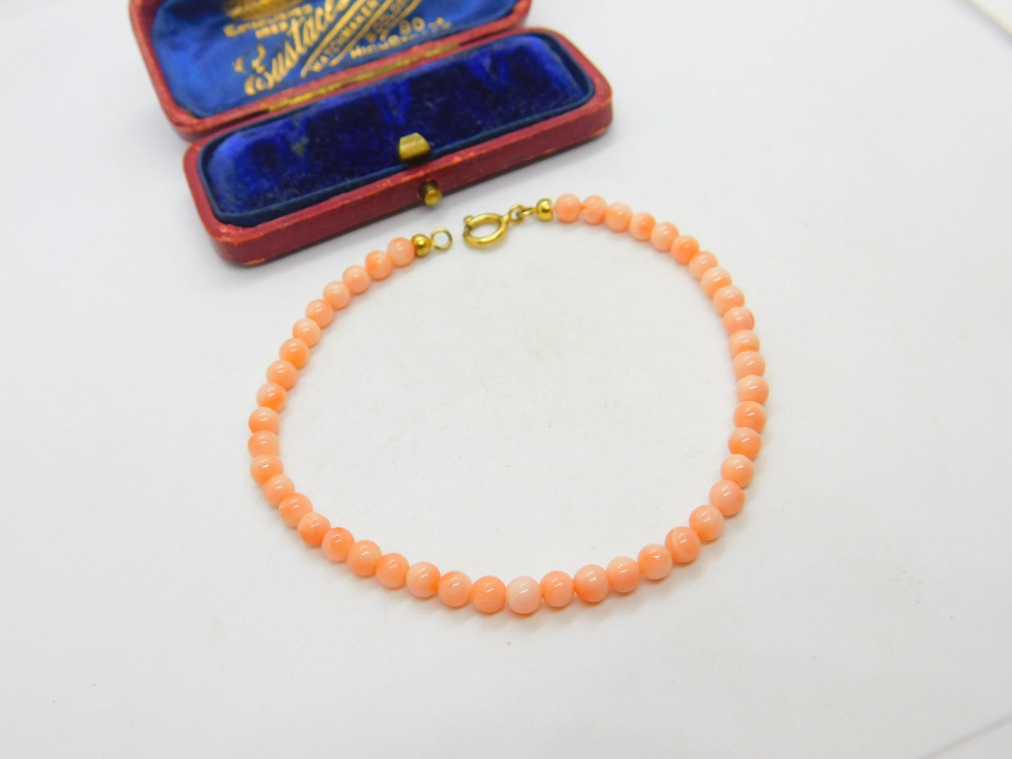 9ct Yellow Gold Clasp & Beaded Pink Coral Bracelet Antique c1930 Art Deco