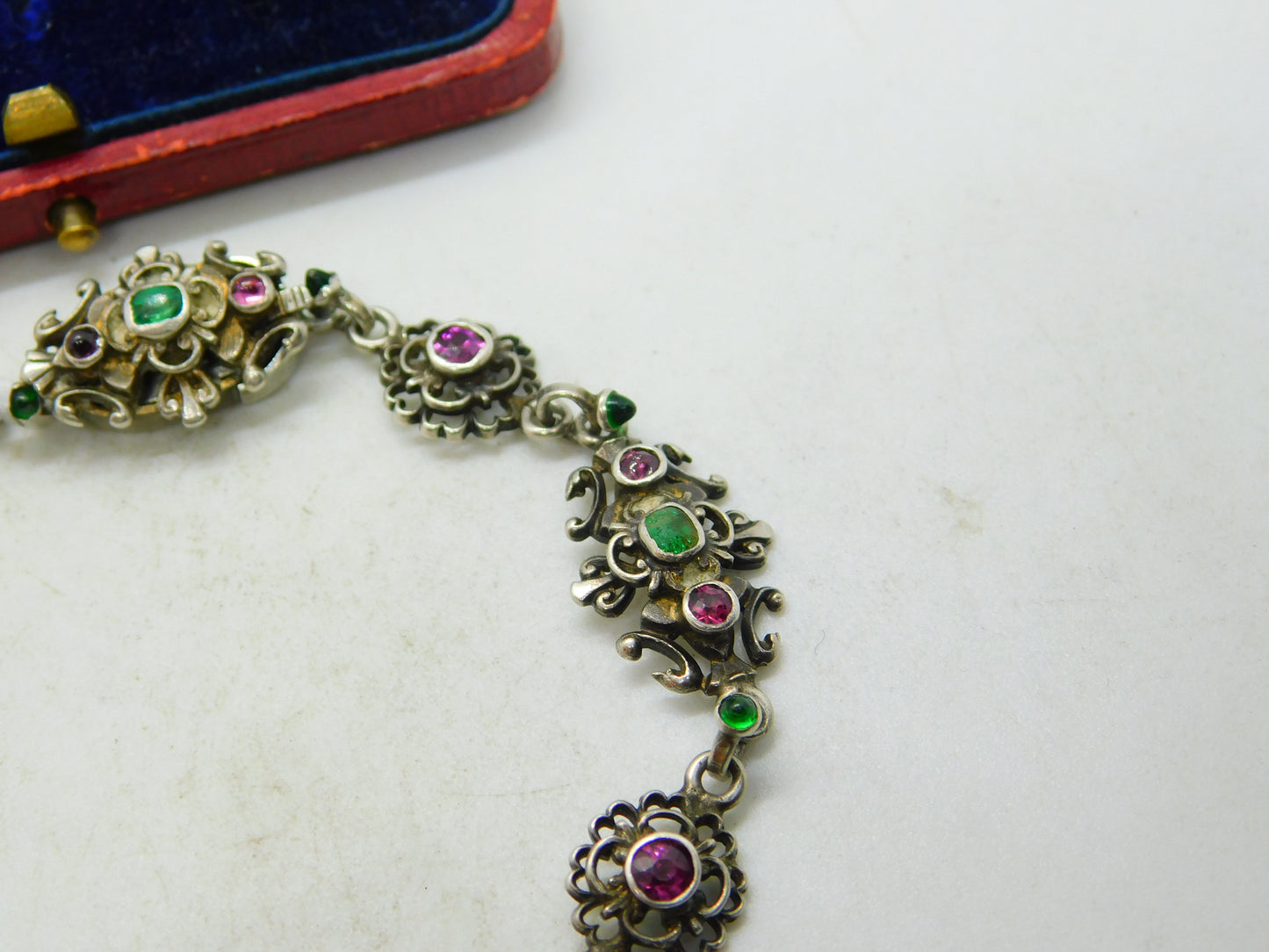 Austro Hungarian Emerald and Amethyst Paste Sterling Silver Bracelet Antique c1860