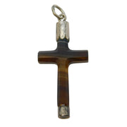 Victorian Sterling Silver Mounted Banded Agate Cross Pendant Antique c1880