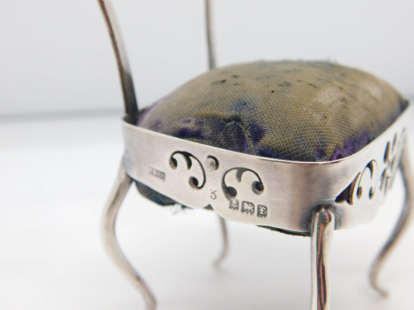 Edwardian Sterling Silver Dining Chair Novelty Pin Cushion Antique 1905