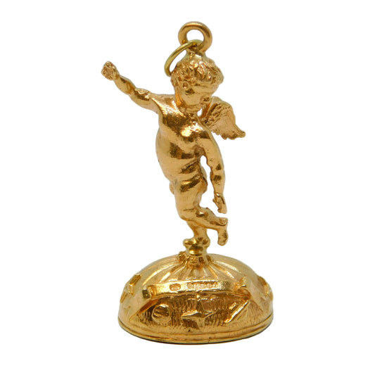 9ct Yellow Gold Large Winged Cherub Onyx Set Fob Pendant Vintage 1974 London