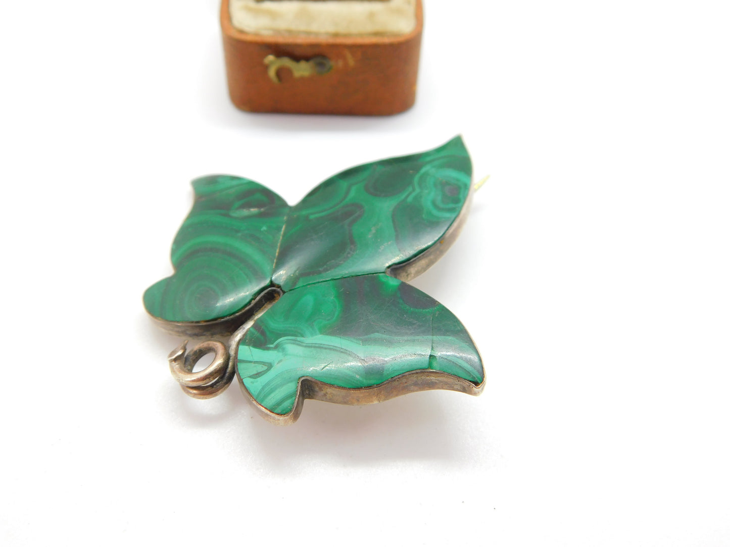 Victorian Scottish Sterling Silver Malachite Leaf Brooch Pin c1860 Antique