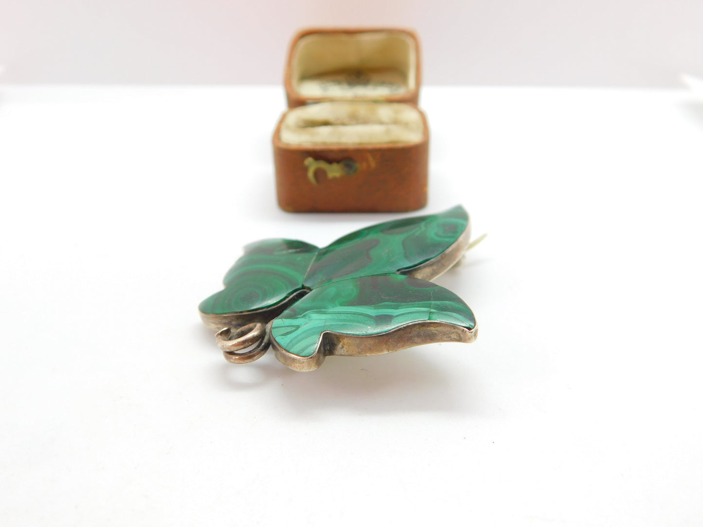 Victorian Scottish Sterling Silver Malachite Leaf Brooch Pin c1860 Antique