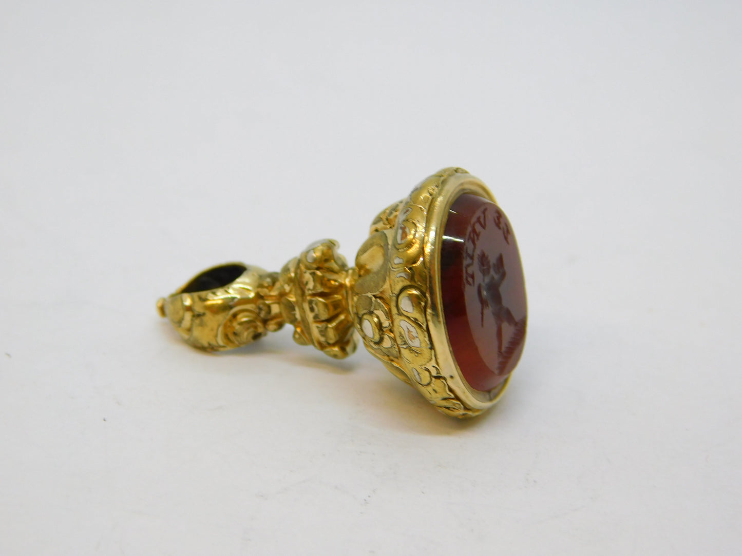 George III Rolled Gold Carnelian 'Le Vivit' 'The Humble' Intaglio Fob Antique