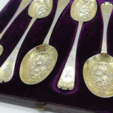 George I Boxed Set of Six Britannia Silver Gilt Trefid Dessert Spoons Antique 1717 London