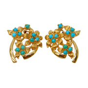 14ct Yellow Gold Turquoise Set Floral Clip-On Earrings Vintage c1970 Continental
