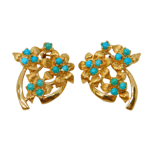 14ct Yellow Gold Turquoise Set Floral Clip-On Earrings Vintage c1970 Continental