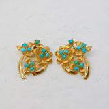 14ct Yellow Gold Turquoise Set Floral Clip-On Earrings Vintage c1970 Continental