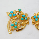 14ct Yellow Gold Turquoise Set Floral Clip-On Earrings Vintage c1970 Continental