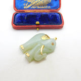 Large 14ct Yellow Gold Mounted Carved Jade Elephant Pendant Vintage c1960