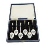 Boxed Sterling Silver Floral Enamel Gilded Teaspoon Set Vintage 1962 Birmingham