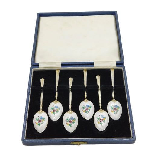 Boxed Sterling Silver Floral Enamel Gilded Teaspoon Set Vintage 1962 Birmingham
