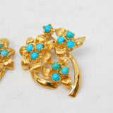 14ct Yellow Gold Turquoise Set Floral Clip-On Earrings Vintage c1970 Continental