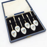 Boxed Sterling Silver Floral Enamel Gilded Teaspoon Set Vintage 1962 Birmingham