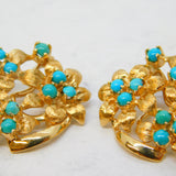 14ct Yellow Gold Turquoise Set Floral Clip-On Earrings Vintage c1970 Continental