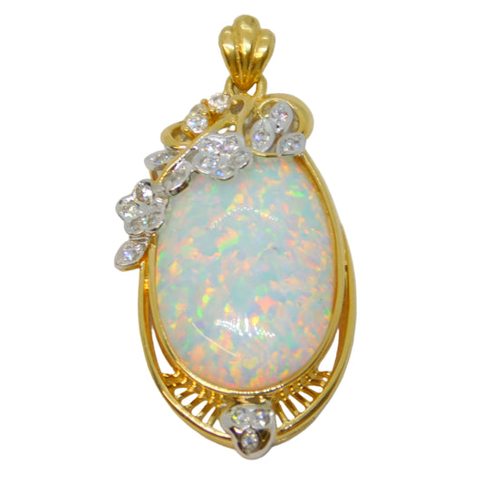 14ct Yellow Gold, White Opal & White Spinel Floral Drop Pendant Vintage c1970
