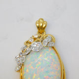14ct Yellow Gold, White Opal & White Spinel Floral Drop Pendant Vintage c1970