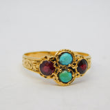 Victorian 15ct Yellow Gold, Turquoise & Garnet Set Dress Ring Antique c1860