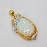 14ct Yellow Gold, White Opal & White Spinel Floral Drop Pendant Vintage c1970