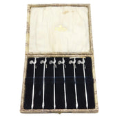Boxed Set of Sterling Silver Chicken Terminal Cocktail Sticks Antique 1902 Birmingham
