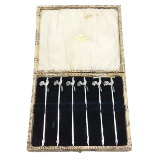 Boxed Set of Sterling Silver Chicken Terminal Cocktail Sticks Antique 1902 Birmingham