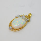 14ct Yellow Gold, White Opal & White Spinel Floral Drop Pendant Vintage c1970