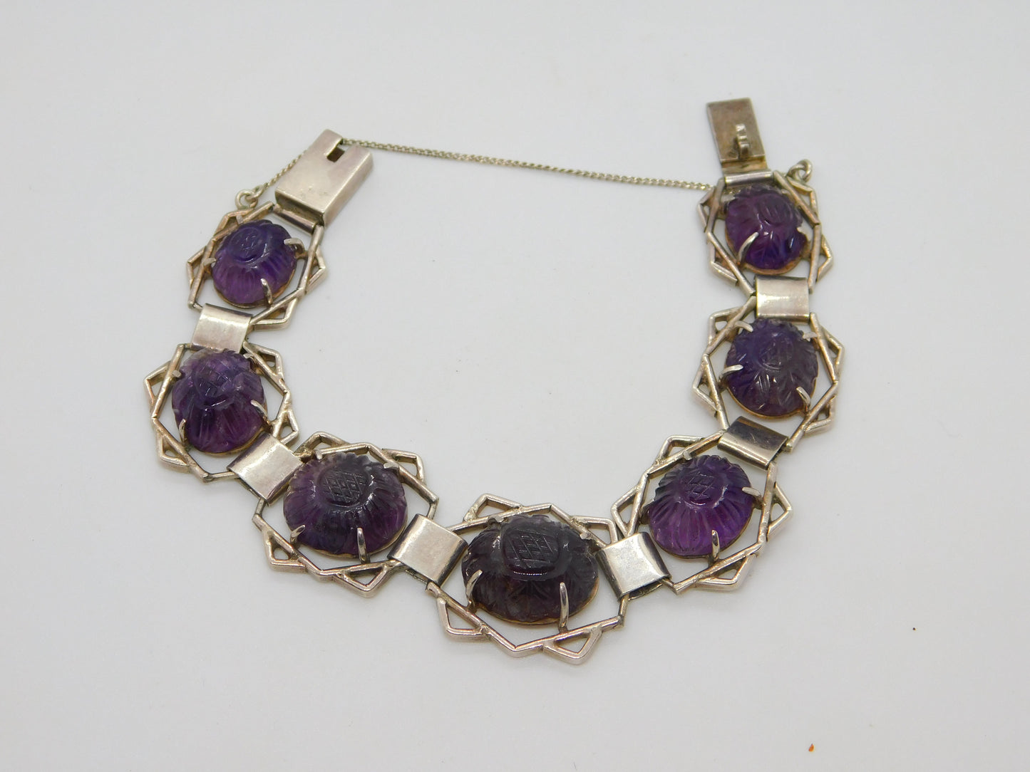 Victorian Sterling Silver Floral Carved Amethyst Set Panel Bracelet c1890 Antique