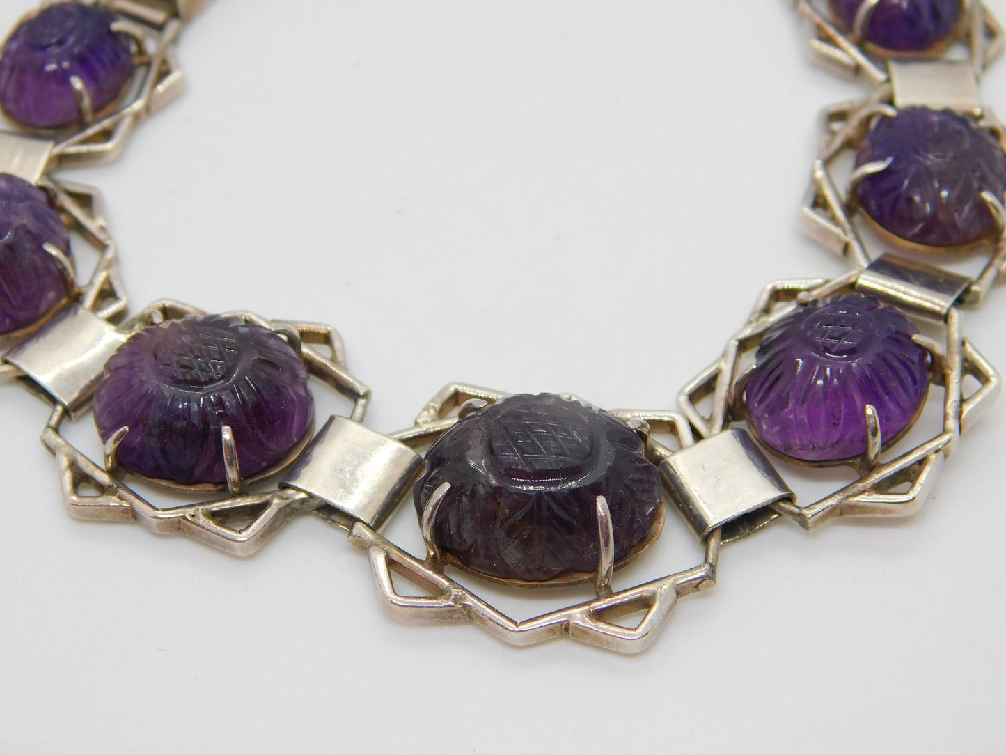 Victorian Sterling Silver Floral Carved Amethyst Set Panel Bracelet c1890 Antique