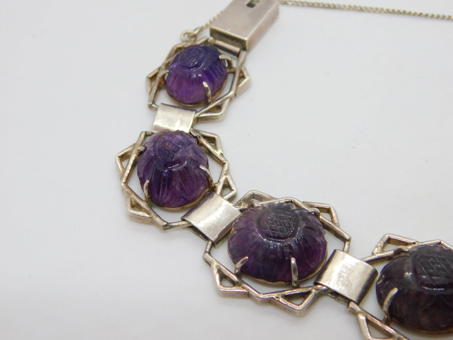 Victorian Sterling Silver Floral Carved Amethyst Set Panel Bracelet c1890 Antique