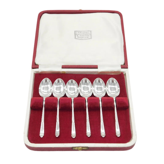 Boxed Set of Sterling Silver Teaspoons Antique 1935 Sheffield Art Deco