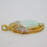 14ct Yellow Gold, White Opal & White Spinel Floral Drop Pendant Vintage c1970