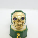 9ct Yellow Gold & Garnet Chunky Gothic Skull Form Bikers Ring Vintage c1970