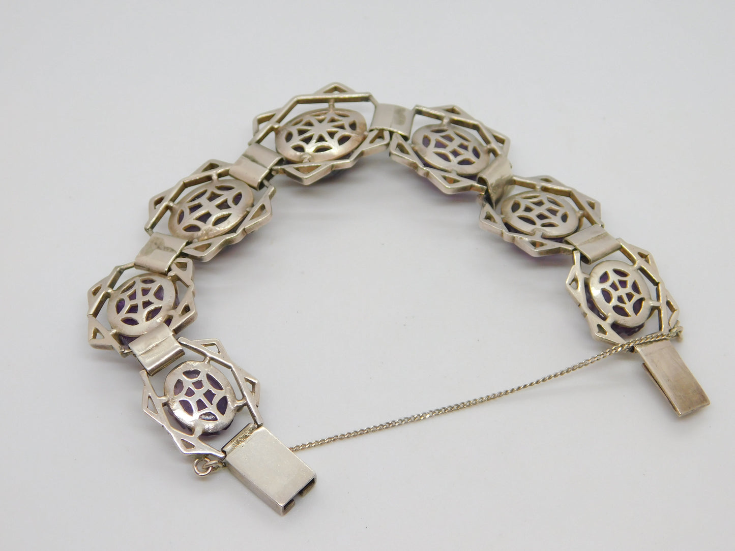 Victorian Sterling Silver Floral Carved Amethyst Set Panel Bracelet c1890 Antique