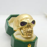 9ct Yellow Gold & Garnet Chunky Gothic Skull Form Bikers Ring Vintage c1970