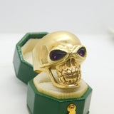 9ct Yellow Gold & Garnet Chunky Gothic Skull Form Bikers Ring Vintage c1970