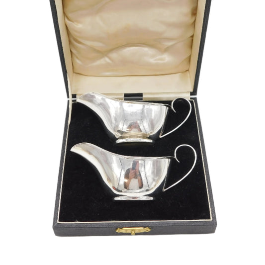 Boxed Pair of Sterling Silver Sauce Boats Antique 1939 Birmingham Art Deco