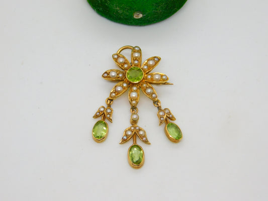 Edwardian 18ct Yellow Gold, Seed Pearl & Peridot Floral Lavalier Pendant Antique