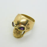 9ct Yellow Gold & Garnet Chunky Gothic Skull Form Bikers Ring Vintage c1970