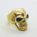9ct Yellow Gold & Garnet Chunky Gothic Skull Form Bikers Ring Vintage c1970
