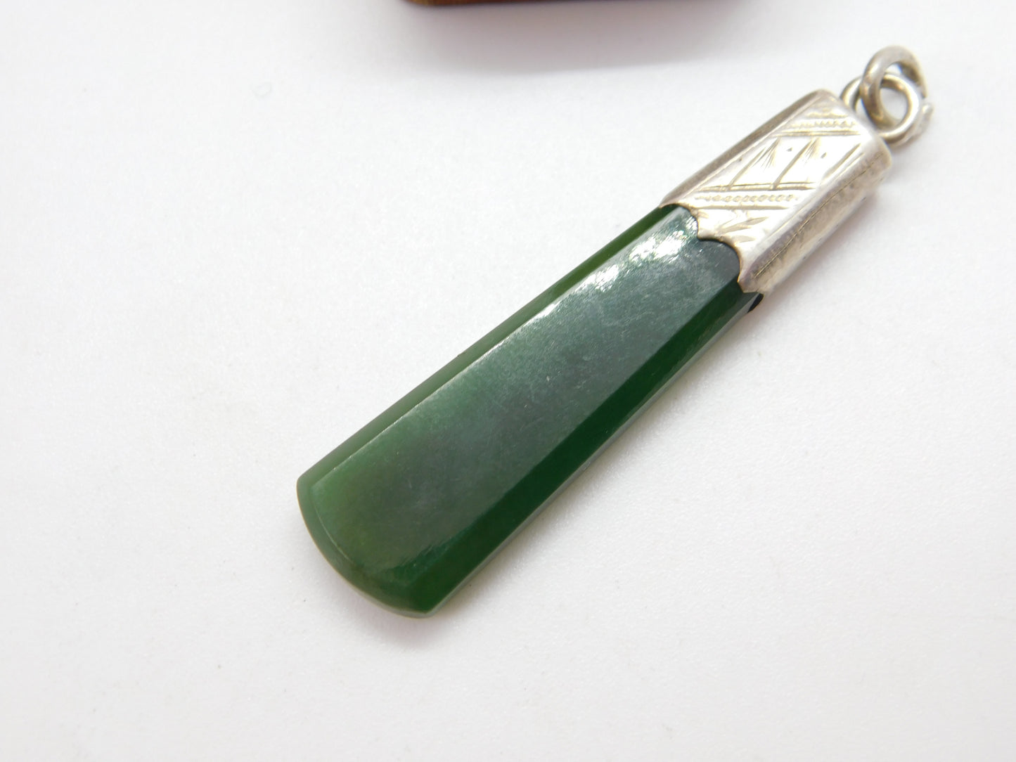 Victorian Sterling Silver Mounted Nephrite Jade Drop Pendant c1890 Antique