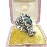 Large Sterling Silver Cabochon Bloodstone Set Fire Dragon Statement Ring Vintage