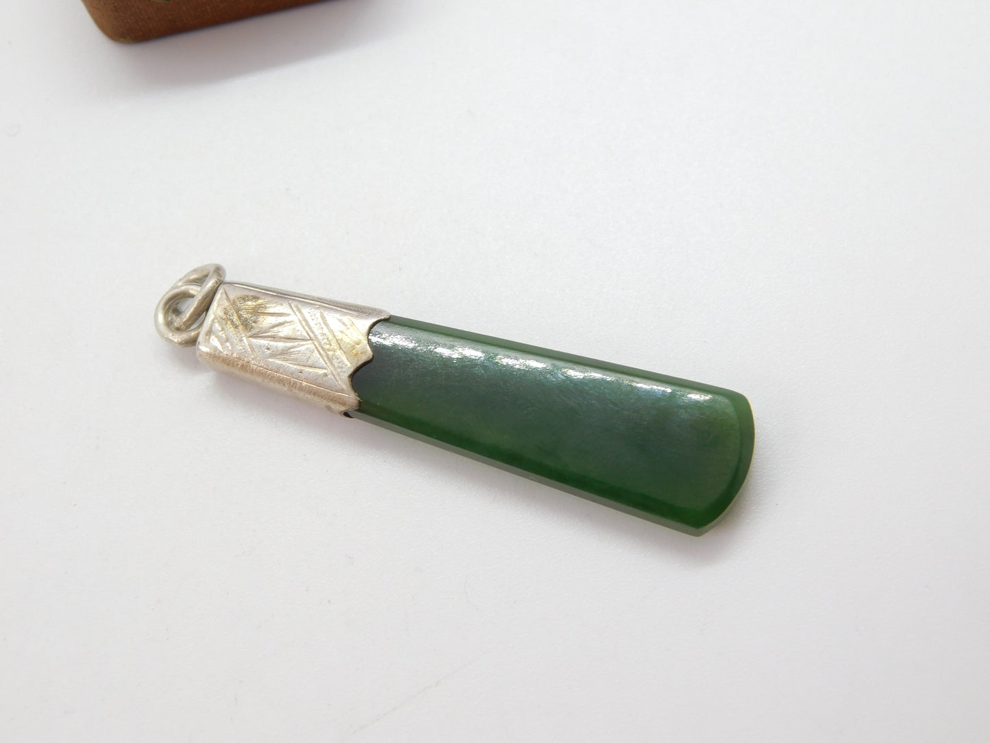 Victorian Sterling Silver Mounted Nephrite Jade Drop Pendant c1890 Antique