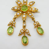 Edwardian 18ct Yellow Gold, Seed Pearl & Peridot Floral Lavalier Pendant Antique